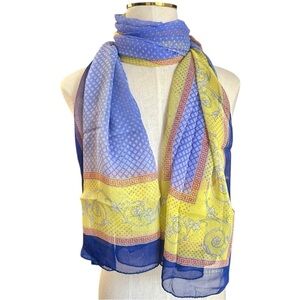 Versace Silk Chiffon Scarf Blue Yellow Baroque Print 80” Lightweight